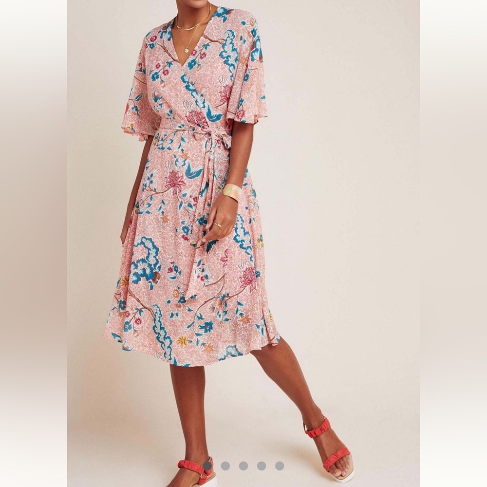 Maeve Pink Floral Wrap Midi Dress with Blue Accents